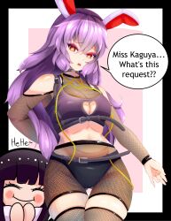  2girls absurdres alternate_costume black_border border breasts bright_pupils cleavage clothing_cutout commentary emo_fashion english_commentary english_text fishnets ginari heart_cutout highres houraisan_kaguya large_breasts long_hair looking_at_viewer multiple_girls pink_background purple_hair red_eyes reisen_udongein_inaba solo_focus speech_bubble touhou white_pupils 