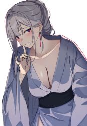  3_small_spiders ak-12_(girls&#039;_frontline) alternate_costume blush breasts cleavage collarbone commentary earrings female finger_to_mouth girls&#039;_frontline grey_hair highres japanese_clothes jewelry kimono long_hair looking_at_viewer parted_lips purple_eyes shushing smile solo unusually_open_eyes white_background white_kimono 