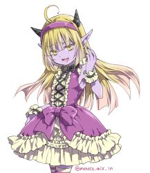  ahoge black_choker black_nails blonde_hair bow breasts choker colored_skin commentary_request cowboy_shot demon_girl dragon_quest dragon_quest_x dress female floating_hair frills hairband highres horns lolita_fashion looking_at_viewer medium_breasts mekeko open_mouth pointy_ears purple_bow purple_hairband purple_skin rinverry sideboob solo striped_clothes striped_thighhighs thighhighs twitter_username white_background yellow_eyes 