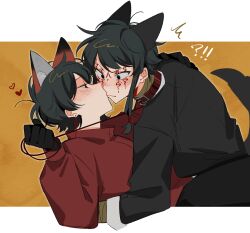  !? 2boys ^^^ animal_ear_fluff animal_ears black_eyes black_gloves black_hair black_jacket black_pants blush chinese_commentary closed_mouth collar commentary_request earrings facial_tattoo fox_boy fox_ears gloves heart holding holding_leash jacket jewelry kissing leash li_yuting_(male) long_sleeves male_focus mole mole_under_eye multiple_boys neng_chi_huoguo_ma pants red_collar red_shirt shirt short_hair short_hair_with_long_locks tail tattoo touqi_guaitan white_shirt wolf_ears wolf_tail yaoi ziche_fuzhao 