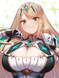  absurdres bare_shoulders blonde_hair blush breasts chest_jewel cleavage cleavage_cutout closed_mouth clothing_cutout earrings female food food_in_mouth gem gloves green322 headpiece highres holding holding_food jewelry large_breasts long_hair mythra_(xenoblade) revision smile solo swept_bangs tiara upper_body very_long_hair white_gloves xenoblade_chronicles_(series) xenoblade_chronicles_2 yellow_eyes 