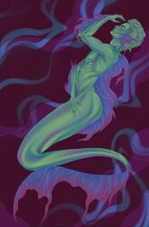  abstract_background green_body green_hair hair hi_res humanoid male marine merfolk mouth_closed narrowed_eyes nude short_hair side_cut side_view smogville solo split_form 