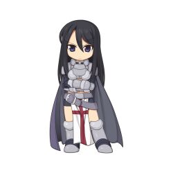  armor armored_boots assault_corps_leader belt black_gloves black_hair black_shorts blue_eyes boots breastplate cape chibi chibi_only closed_mouth cross female frown full_body gauntlets gloves grey_belt grey_cape hair_between_eyes long_bangs long_hair looking_at_viewer midriff navel official_art pauldrons pelvic_curtain ragnarok_online short_shorts shorts shoulder_armor sidelocks simple_background solo standing transparent_background v-shaped_eyebrows yuichirou 