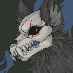  1:1 abstract_background ambiguous_gender anthro bone fangs fur grey_body grey_fur grey_inner_ear_fluff hi_res inner_ear_fluff neck_tuft skull skull_head smogville solo species_request teeth tuft 