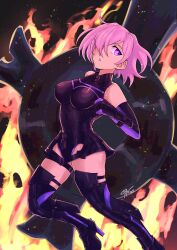  absurdres armor black_footwear black_gloves black_leotard boots breasts commentary corviwing elbow_gloves english_commentary fate/grand_order fate_(series) female fire full_body gloves hair_over_one_eye high_heel_boots high_heels highres holding holding_shield leotard looking_at_viewer lord_camelot_(fate) mash_kyrielight open_mouth pink_eyes pink_hair shield short_hair signature solo thigh_boots 