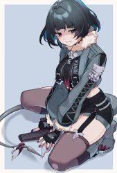  animal_ears black_gloves black_hair black_shorts boots brown_pantyhose brown_thighhighs closed_mouth female fingerless_gloves fingernails full_body fur-trimmed_jacket fur_trim gloves green_eyes grey_footwear grey_jacket gun high-waist_shorts highres holding holding_gun holding_weapon jacket jane_doe_(zenless_zone_zero) looking_at_viewer mouse_ears mouse_girl mouse_tail nail_polish pantyhose red_nails shorts simple_background single_leg_pantyhose single_thighhigh smile solo tail thighhighs torn_clothes torn_pantyhose torn_thighhighs weapon yu_ri_0320 zenless_zone_zero 