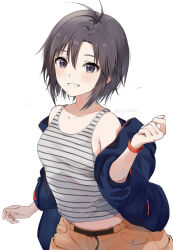  :d antenna_hair artist_name bare_shoulders belt black_belt black_tank_top blue_jacket blush breasts brown_eyes brown_hair brown_shorts collarbone commentary curled_fingers female from_side grin hair_between_eyes hand_up idolmaster idolmaster_(classic) idolmaster_2 jacket kikuchi_makoto light_blush looking_at_viewer looking_to_the_side midriff mogskg off_shoulder open_clothes open_jacket parted_lips short_hair shorts signature small_breasts smile solo standing striped_tank_top symbol-only_commentary tank_top tomboy twitter_username upper_body white_background white_tank_top 