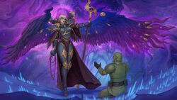  1boy adepta_sororitas armor astra_militarum beads black_gloves blonde_hair blue_wings breastplate breasts cape chaos_(warhammer) corruption extra_eyes eye_symbol facial_mark female gloves gradient_hair gradient_wings green_helmet helmet highres holding holding_staff magic multicolored_hair multicolored_wings pelvic_curtain prayer_beads purple_cape purple_eyes purple_hair purple_wings skull staff warhammer_40k wings yangzheyy 