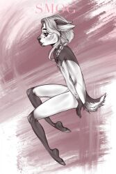  abstract_background anthro braided_hair deer ear_piercing ears_back femboy grey_body grey_eyes hair hi_res long_hair male mammal piercing pivoted_ears scut_tail short_tail side_view sitting smogville solo tail white_body white_hair 