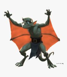  anthro bottomwear clothed clothing disney featureless_chest gargoyles green_body horn humanoid_pointy_ears lexington_(gargoyles) loincloth loincloth_only male membrane_(anatomy) membranous_wings ryanlangdraws small_horn smile solo tail topless wings 