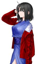  ahoge arm_up black_eyes black_hair blue_kimono breasts cowboy_shot egomeshi female hand_in_own_hair highres jacket jacket_partially_removed japanese_clothes kara_no_kyoukai kimono large_breasts looking_at_viewer obi parted_lips red_jacket ryougi_shiki sash short_hair solo white_background 