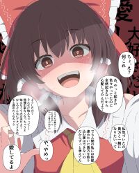  1other ascot blush bow breath brown_eyes brown_hair commentary_request detached_sleeves female frilled_bow frilled_hair_tubes frills hair_tubes hairbow hakurei_reimu highres long_hair looking_at_viewer open_mouth red_bow setsugetsuka436 speech_bubble sweat touhou translation_request yandere 