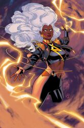  big_hair black_bodysuit black_jacket blank_eyes bodysuit clothing_cutout cropped_jacket dark-skinned_female dark_skin earrings electricity electrokinesis female gold gold_choker highres jacket jewelry lightning lightning_bolt_earrings lightning_bolt_print lightning_bolt_symbol long_hair looking_at_viewer marvel open_clothes open_jacket ororo_munroe print_bodysuit russell_dauterman signature solo stomach_cutout storm_(x-men) thick_lips very_dark_skin white_hair x-men 