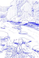  2011 anthro blue_and_white canid canine canis clothing hair hoodie male mammal monochrome morenatsu on_ground outside pebble plant river riverbank rock rtlstien shun_(morenatsu) sitting solo tail topwear tree wolf 