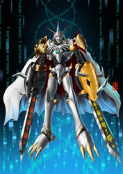  armor bandai blackwargreymon digimon full_armor fusion horns male_focus monster omegamon royal_knights smile sword wargreymon weapon 