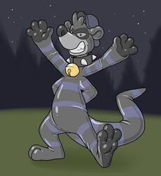  after_transformation animate_inanimate anthro bell blue_balls collar curlycoon domestic_cat featureless_crotch felid feline felis fusion latex living_latex male mammal multi_arm multi_limb night paws plantigrade procyonid raccoon solo star 