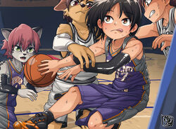  action_pose adidas anthro arm_warmers armwear athletic_wear ball basketball basketball_(ball) basketball_court bodily_fluids bottomwear canid canine clothing competition competition_number english_text felid green_eyes group gym_bottomwear gym_shorts hair haruto_arashiki human jersey kaminosaki lolicon male mammal nba number number_on_clothing number_on_jersey number_on_topwear number_print pantherine phoenix_suns pose print_clothing print_jersey print_topwear red_hair san_antonio_spurs shirt shorts snow_leopard sport sweat teamwork text text_on_bottomwear text_on_clothing text_on_jersey text_on_shirt text_on_shorts text_on_topwear text_print tongue tongue_out topwear young young_anthro young_human young_male yuki_motoe 