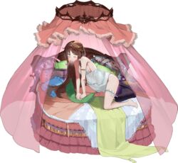  ark_order arm_strap armlet armpits artist_request bare_shoulders barefoot bed bed_sheet black_bow bow breasts brown_hair camisole curtains female frilled_cuffs full_body green_eyes large_breasts long_hair looking_at_viewer official_art on_bed pillow pout princess_and_the_pea princess_and_the_pea_(ark_order) round_bed sideboob sidelocks solo thigh_bow thigh_strap tiara transparent_background variant_set very_long_hair white_bow white_camisole 