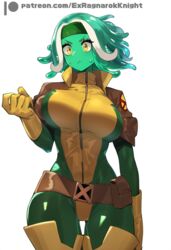  ai_generated belt big_breasts bodysuit breasts clothing cosplay exragnarokknight eyelashes female goo_creature green_body green_bodysuit green_clothing green_skinsuit hair hi_res humanoid marvel not_furry rogue_(marvel) simple_background skinsuit solo standing thigh_gap tight_clothing white_background yellow_bodysuit yellow_clothing yellow_eyes yellow_skinsuit 