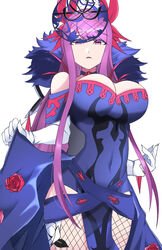  absurdres bare_shoulders breasts cleavage covered_navel cross-laced_clothes cross-laced_dress dress elbow_gloves fascinator female fire_emblem fire_emblem_engage fishnet_pantyhose fishnet_thighhighs fishnets flower flower_brooch fur_trim gloves hair_ornament highres ivy_(fire_emblem) large_breasts long_hair looking_at_viewer mole mole_under_mouth ondur pantyhose purple_eyes purple_hair rose see-through see-through_headwear simple_background solo spiked thighhighs thorn_print very_long_hair white_background white_gloves 