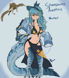  a.c._hunter absurdres animal_ears bare_shoulders bikini black_bikini blue_background blue_hair blue_jacket breasts character_name cleavage commentary digitigrade dinosaur_girl dinosaur_tail english_commentary female grin highres jacket long_hair medium_breasts monster_girl navel original pointy_ears reference_inset sarong sleeves_past_fingers sleeves_past_wrists smile solo spinosaurus swimsuit tail talons yellow_eyes 