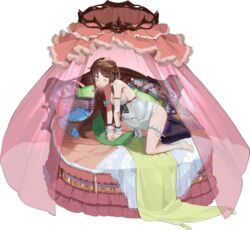  ark_order arm_strap armlet armpits artist_request bare_shoulders barefoot bed bed_sheet black_bow bow breasts brown_hair camisole curtains female frilled_cuffs full_body green_eyes large_breasts long_hair looking_at_viewer official_art on_bed pillow pout princess_and_the_pea princess_and_the_pea_(ark_order) round_bed sideboob sidelocks solo thigh_bow thigh_strap tiara transparent_background variant_set very_long_hair white_bow white_camisole wrist_cuffs 