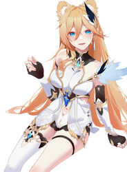  :d absurdres animal_ear_fluff animal_ears bare_shoulders bear_ears bianka_durandal_ataegina bianka_durandal_ataegina_(palatinus_equinox) black_gloves blonde_hair blue_eyes breasts clothing_cutout dress earrings female fingerless_gloves gloves highres honkai_(series) honkai_impact_3rd invisible_chair jewelry navel navel_cutout open_mouth simple_background single_thighhigh sitting smile solo thighhighs white_background white_dress white_thighhighs youmiao_oxo 