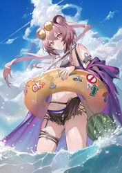  absurdres animal_ears arknights bare_shoulders bikini black_bikini blue_sky commentary_request day female food fruit highres innertube krin_(krinnin) lin_(arknights) long_hair looking_at_viewer mouse_ears nail_polish navel official_alternate_costume purple_eyes purple_hair purple_nails sky solo stomach swim_ring swimsuit thighs very_long_hair wading water watermelon 