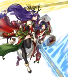  2girls alondite altina_(fire_emblem) altina_(winter)_(fire_emblem) ancestor_and_descendant animal_ears antlers bell black_legwear blue_eyes blue_hair box breasts capelet closed_mouth deer_ears fake_animal_ears fire_emblem fire_emblem:_radiant_dawn fire_emblem_heroes fur_trim gift gift_box gloves glowing glowing_weapon hair_ornament hat headband highres holding holding_sword holding_weapon horns kita_senri leg_up long_hair looking_away low-tied_long_hair medium_breasts multiple_girls non-web_source official_art open_mouth parted_lips pom_pom_(clothes) purple_hair ragnell red_gloves reindeer_antlers sanaki_kirsch_altina sanaki_kirsch_altina_(winter) santa_hat smile sword thighhighs tied_hair toeless_footwear transparent_background very_long_hair weapon white_footwear white_gloves wide_sleeves yellow_eyes 