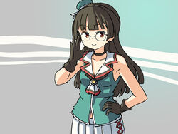  ascot black_gloves black_hair choker choukai_(kancolle) choukai_kai_ni_(kancolle) collarbone commentary cowboy_shot english_commentary female glasses gloves gradient_background hair_ornament hand_on_own_hip headgear kantai_collection long_hair looking_at_viewer one-hour_drawing_challenge pleated_skirt red_eyes shirt sixten skirt sleeveless sleeveless_shirt solo white_ascot white_skirt 