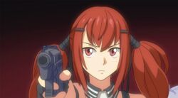  aiming aiming_at_viewer black_background commentary_request cz75_(girls&#039;_frontline) cz_75 female girls&#039;_frontline gradient_background gun hair_ornament hair_tubes hairclip handgun holding holding_gun holding_weapon long_hair neon_genesis_evangelion parody red_background red_eyes red_hair scene_reference sidelocks solo tab_(tabkun) the_end_of_evangelion twintails weapon 