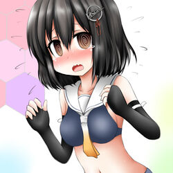  black_hair blush brown_eyes commentary_request cosplay crop_top female flying_sweatdrops gradient_neckerchief haguro_(kancolle) haguro_kai_ni_(kancolle) hair_ornament honeycomb_(pattern) honeycomb_background i-203_(kancolle) i-203_(kancolle)_(cosplay) kantai_collection midriff neckerchief nose_blush ouno_(nounai_disintegration) sailor_collar short_hair sleeveless solo upper_body wavy_mouth white_neckerchief white_sailor_collar 