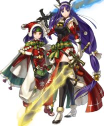  2girls alondite altina_(fire_emblem) altina_(winter)_(fire_emblem) ancestor_and_descendant animal_ears antlers bell belt black_legwear blue_eyes blue_hair box breasts capelet closed_mouth deer_ears fake_animal_ears fire_emblem fire_emblem:_radiant_dawn fire_emblem_heroes fur_trim gift gift_box gloves glowing glowing_weapon hair_ornament hat headband highres holding holding_sword holding_weapon horns kita_senri long_hair looking_at_viewer low-tied_long_hair medium_breasts multiple_girls non-web_source official_art pom_pom_(clothes) purple_hair ragnell red_gloves reindeer_antlers sanaki_kirsch_altina sanaki_kirsch_altina_(winter) santa_hat smile standing sword thighhighs tied_hair toeless_footwear transparent_background weapon white_footwear white_gloves wide_sleeves yellow_eyes 