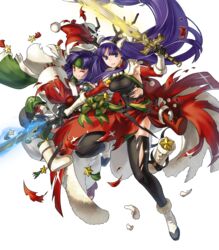  2girls abs alondite altina_(fire_emblem) altina_(winter)_(fire_emblem) ancestor_and_descendant animal_ears antlers bell black_thighhighs blue_eyes blue_hair box breasts capelet clenched_teeth closed_mouth deer_ears fake_animal_ears fire_emblem fire_emblem:_radiant_dawn fire_emblem_heroes fur_trim gift gift_box gloves glowing glowing_weapon hair_ornament hat headband highres holding holding_sword holding_weapon horns kita_senri leg_up long_hair low-tied_long_hair medium_breasts multiple_girls non-web_source official_art one_eye_closed parted_lips pom_pom_(clothes) purple_hair ragnell red_gloves reindeer_antlers sanaki_kirsch_altina sanaki_kirsch_altina_(winter) santa_hat sword teeth thighhighs tied_hair torn_clothes torn_thighhighs transparent_background very_long_hair weapon white_footwear white_gloves wide_sleeves yellow_eyes 