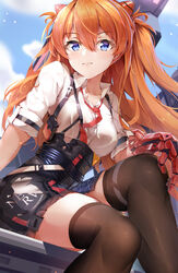  absurdres alternate_costume arm_support asc11 black_skirt black_thighhighs blue_eyes blue_sky breasts cloud collarbone collared_shirt day female frederica_nikola_tesla gloves hair_between_eyes hair_ornament highres honkai_(series) honkai_impact_3rd knee_up long_hair looking_at_viewer neon_genesis_evangelion nerv orange_hair outdoors pouch rebuild_of_evangelion red_gloves shirt sitting skirt sky sleeves_rolled_up solo souryuu_asuka_langley strap thighhighs thighs white_shirt 