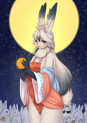  2022 anthro blush breasts clothed clothing eyewear female fur glasses hair hi_res lagomorph leporid looking_at_viewer mammal moon moon_rabbit mooncake rabbit wolflong 