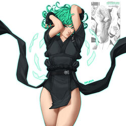  bare_legs breikka comic_panel_redraw cosplay derivative_work english_commentary english_text female fingerless_gloves floating_clothes gloves glowing green_hair kiriko_(overwatch) looking_at_viewer official_alternate_costume official_art_inset ofuda one-punch_man overwatch overwatch_2 reference_inset simple_background solo tatsumaki tatsumaki_(cosplay) teeth terrible_tornado_kiriko twitter_username white_background 