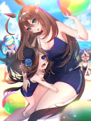  4girls :d =_= age_difference aged_down animal_ears antenna_hair arm_around_back bad_id bad_pixiv_id ball bare_arms bare_legs bare_shoulders beach beachball between_legs black_headwear blue_eyes blue_flower blue_one-piece_swimsuit blue_sky blurry blurry_background blurry_foreground blush bowler_hat breasts brown_hair carrying cleavage closed_eyes cloud collarbone colored_eyelashes commentary competition_school_swimsuit day depth_of_field ear_ornament flat_chest flipped_hair floating_hair flower grey_hairband hair_between_eyes hair_flaps hair_ornament hair_over_one_eye hairband hand_between_legs hand_on_another&#039;s_thigh hand_up hat hat_flower hat_ribbon high_ponytail highres hitting holding holding_ball horizon horse_ears horse_girl horse_tail hug lace_trim large_breasts leaning_forward light_particles lolicon looking_at_another looking_at_viewer looking_up mejiro_mcqueen_(umamusume) mihono_bourbon_(umamusume) mini_hat mochimochi_dando multicolored_hair multiple_girls nose_blush ocean on_ground one-piece_swimsuit one_eye_covered open_mouth parted_bangs ponytail ribbon rice_shower_(umamusume) rose school_swimsuit see-through shadow single_vertical_stripe sitting sky smile standing streaked_hair swept_bangs swimsuit tail tail_through_clothes thighs tilted_headwear tokai_teio_(umamusume) tracen_swimsuit two-tone_hair umamusume v-shaped_eyebrows wariza water wavy_mouth white_hair 