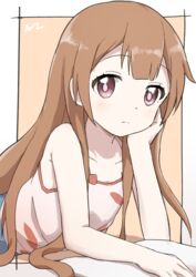  aayh bare_arms bare_shoulders blush border brown_background brown_eyes brown_hair camisole closed_mouth collarbone commentary female floral_print hand_on_own_chin hand_up lolicon long_hair looking_at_viewer lying on_stomach oomuro-ke oomuro_hanako pink_camisole print_camisole signature solo two-tone_background very_long_hair white_background white_border yuru_yuri 