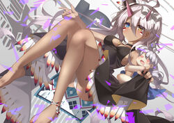  ahoge ashisi azur_lane bad_id bad_pixiv_id barefoot black_dress blue_eyes blush breasts character_doll choker closed_mouth commentary_request dark-skinned_female dark_skin dress eyes_visible_through_hair facepaint feather_trim feathers female full_body hair_between_eyes hat heart heart-shaped_eyes heart_ahoge heterochromia highres indianapolis_(azur_lane) indianapolis_(the_light_of_circle_city)_(azur_lane) jewelry long_hair looking_at_viewer medium_breasts nail_polish native_american necklace panties pantyshot pink_hair portland_(azur_lane) sideboob sitting skirt_hold solo top_hat underwear very_long_hair white_panties yellow_eyes 