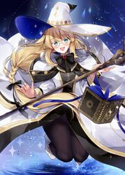  absurdres aesc_(fate) aesc_(rain_witch)_(fate) black_dress blonde_hair book boots bow bowtie braid braided_ponytail breasts brooch brown_pantyhose cloak dress fate/grand_order fate_(series) female floating_hair glasses gold_trim green_eyes hat highres jewelry long_hair long_sleeves looking_at_viewer low-braided_long_hair low-tied_long_hair medium_breasts misaki346 open_mouth pantyhose round_eyewear single_braid smile solo staff thick_thighs thighs two-tone_dress very_long_hair white_cloak white_dress white_hat wide_sleeves witch_hat 