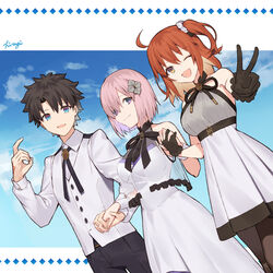  1boy 2girls ahoge alternate_costume anniversary bare_shoulders black_gloves black_hair black_neckwear black_pants blue_eyes blue_sky breasts brown_flower brown_legwear brown_rose buttoned_cuffs buttons chaldea_logo closed_mouth cloud collared_shirt command_spell commentary_request dress fate/grand_order fate/grand_order_waltz_in_the_moonlight/lostroom fate_(series) flower formal fujimaru_ritsuka_(female) fujimaru_ritsuka_(female)_(waltz_in_the_moonlight/lostroom) fujimaru_ritsuka_(male) fujimaru_ritsuka_(male)_(waltz_in_the_moonlight/lostroom) gloves hair_between_eyes hair_flower hair_ornament hair_over_one_eye hair_scrunchie hiiragi_(karashriker) holding_hands light_purple_hair long_sleeves looking_at_viewer mash_kyrielight mash_kyrielight_(under_the_same_sky) medium_breasts multiple_girls official_alternate_costume one_eye_closed open_mouth orange_hair pants pantyhose ponytail purple_eyes rose scrunchie see-through shirt short_hair side_ponytail signature sky sleeveless sleeveless_dress smile suit v vest white_dress white_flower white_shirt white_vest wrist_cuffs yellow_eyes 