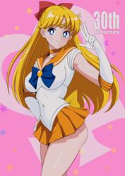  absurdres aino_minako back_bow baji_toufuu_(bajitohfu) bishoujo_senshi_sailor_moon blonde_hair blue_bow blue_eyes bow breasts brooch choker circlet commentary_request covered_navel cowboy_shot elbow_gloves female gloves hairbow half_updo highres jewelry leotard long_hair looking_at_viewer magical_girl medium_breasts miniskirt orange_choker orange_gemstone orange_sailor_collar orange_skirt pink_background pleated_skirt red_bow sailor_collar sailor_senshi_uniform sailor_venus skirt smile solo tiara v venus_symbol w white_gloves white_leotard yellow_bow 