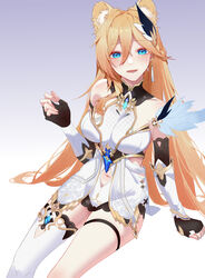  :d absurdres animal_ear_fluff animal_ears bare_shoulders bear_ears bianka_durandal_ataegina bianka_durandal_ataegina_(palatinus_equinox) black_gloves blonde_hair blue_eyes breasts clothing_cutout dress earrings female fingerless_gloves gloves highres honkai_(series) honkai_impact_3rd invisible_chair jewelry navel navel_cutout open_mouth single_thighhigh sitting smile solo thighhighs white_background white_dress white_thighhighs youmiao_oxo 