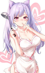  apron bare_arms bare_shoulders blush braid breasts cleavage collarbone cone_hair_bun cowboy_shot earrings emyo female finger_to_mouth frilled_apron frills genshin_impact hair_bun hair_ears hands_up heart heart_apron heart_background holding holding_ladle jewelry keqing_(genshin_impact) ladle large_breasts long_hair looking_at_viewer midriff_peek naked_apron nose_blush purple_hair red_eyes shushing solo stud_earrings twintails white_apron white_background 