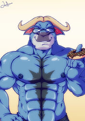  2016 5_fingers abs anthro biceps big_muscles black_body black_fur blue_body blue_fur blue_nipples bovid bovine cape_buffalo chief_bogo clothed clothing dessert digital_media_(artwork) disney doughnut eyewear fingers food food_fetish food_play front_view funeral-paws fur glasses glistening half-length_portrait hi_res horn looking_at_viewer male mammal multicolored_body multicolored_fur muscular muscular_anthro muscular_male nipples pastry pecs portrait signature simple_background smile solo suggestive suggestive_food topless two_tone_body two_tone_fur white_background zootopia 