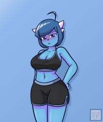  big_breasts blue_body blue_hair blush breasts clubette ehtma_reiner geometry_dash gym_clothes gym_shorts hand_on_hip narrowed_eyes simple_background video_games 