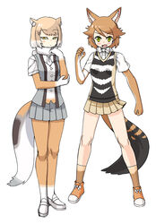  2girls animal_ears black-backed_jackal_(kemono_friends) blush bow bowtie commentary_request elbow_gloves fox_ears fox_tail fur_collar gloves highres jackal_ears jackal_tail kemono_friends light_brown_hair moriko_(moliko) multicolored_hair multiple_girls necktie oerba_yun_fang open_clothes open_vest pantyhose photoshop_(medium) pleated_skirt shirt short_hair short_sleeves skirt socks t-shirt tail tibetan_fox_(kemono_friends) vest white_hair 