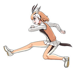  animal_ears black_hair blush commentary_request female gazelle_ears gazelle_horns gazelle_tail highres kemono_friends light_brown_hair long_sleeves moriko_(moliko) multicolored_clothes multicolored_hair multicolored_legwear pantyhose photoshop_(medium) pleated_skirt running shirt short_hair skirt solo t-shirt thomson&#039;s_gazelle_(kemono_friends) vest white_hair 