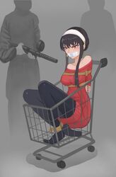  1girls 2boys arms_tied_behind_back assassin bangs black_hair black_legwear black_pantyhose bondage bound_ankles breasts collarbone earrings female full_body gag gagged grey_background gun held_at_gunpoint holding_gun kidnapped off-shoulder_sweater off_shoulder pantyhose raftetram red_eyes red_sweater rope_bondage shopping_cart simple_background spy_x_family sweatdrop sweater_dress tape_gag thorn_princess v-shaped_eyebrows yor_briar 